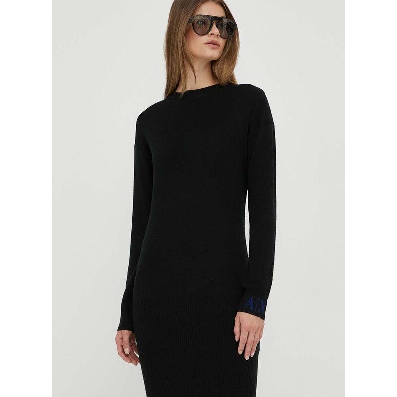 Vlněné šaty Armani Exchange černá barva, midi