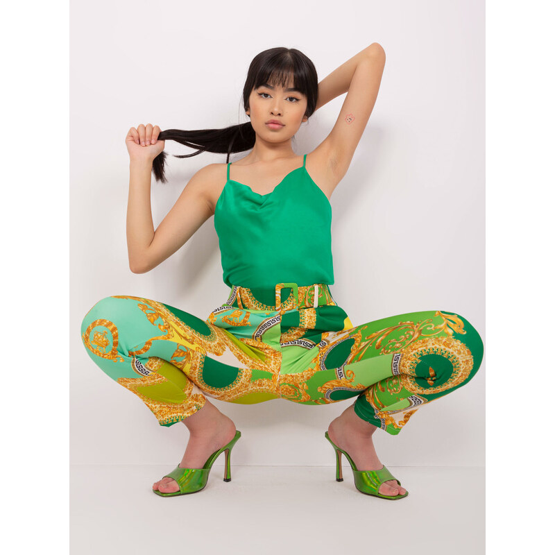 Fashionhunters Zelené a žluté látkové kalhoty