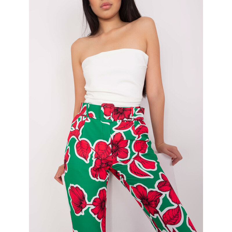 Fashionhunters Zeleno-růžové elegantní kalhoty s potiskem