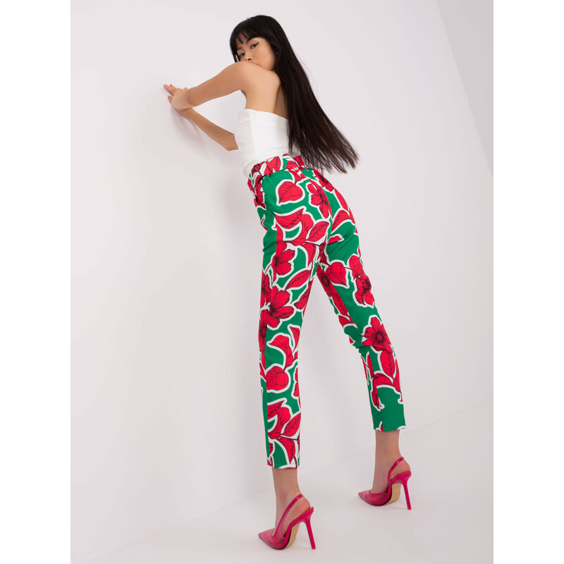 Fashionhunters Zeleno-růžové elegantní kalhoty s potiskem