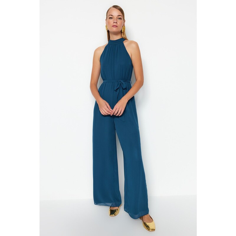 Trendyol Petrol Belted Maxi Chiffon Lined Woven Jumpsuit