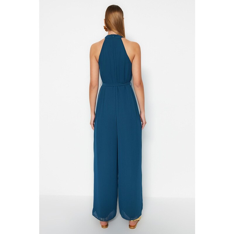 Trendyol Petrol Belted Maxi Chiffon Lined Woven Jumpsuit