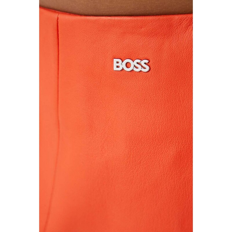 Kožená sukně BOSS oranžová barva, mini, áčková
