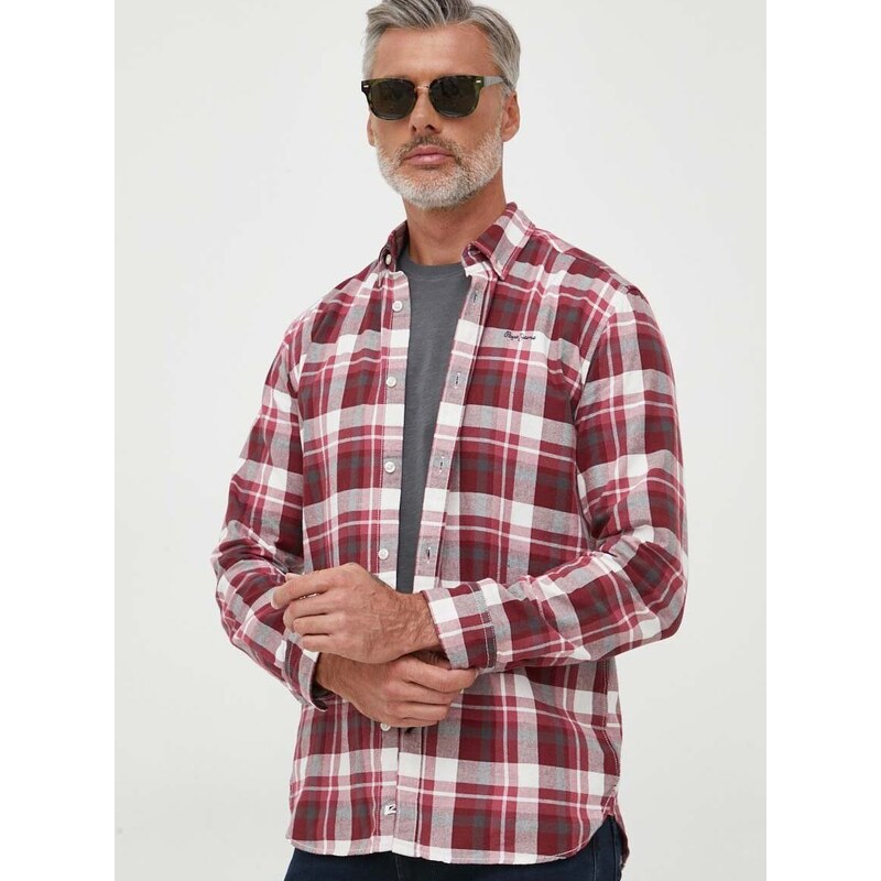 Košile Pepe Jeans Cressing vínová barva, regular, s límečkem button-down