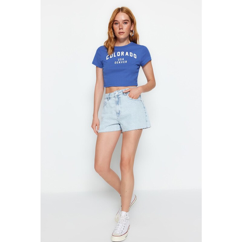 Trendyol Light Blue High Waist Denim Shorts