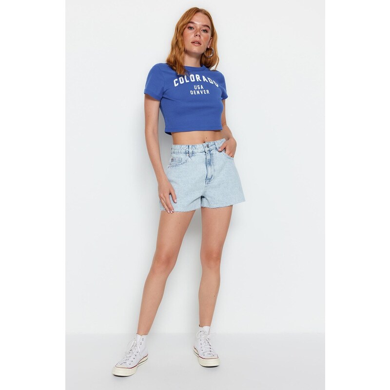 Trendyol Light Blue High Waist Denim Shorts