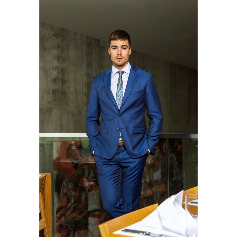 Alain Delon Modrý vlnený Slim Fit oblek