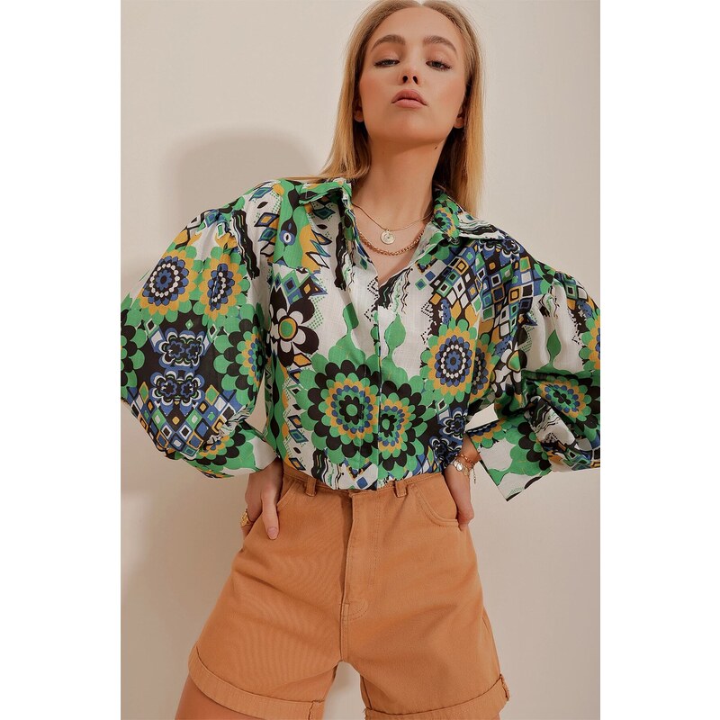Trend Alaçatı Stili Womens Green Princess Ethnic Patterned Flamed 92646746