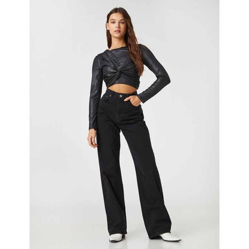 Koton Long Sleeve T-Shirt Crop Sparkling Crew Neck Ruffle