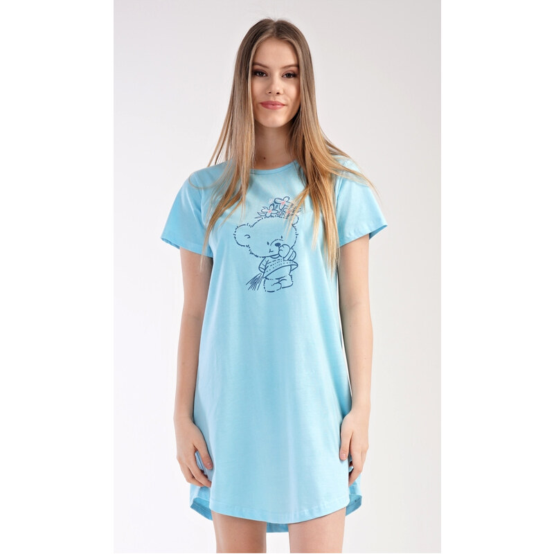 Vienetta Dámská noční košile s krátkým rukávem Méďa s kytkou, barva mentolová, 100% bavlna