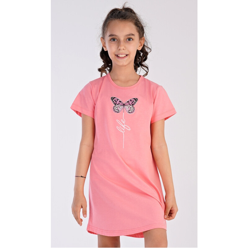 Vienetta Secret Dětská noční košile s krátkým rukávem Motýl, barva lososová, 100% bavlna