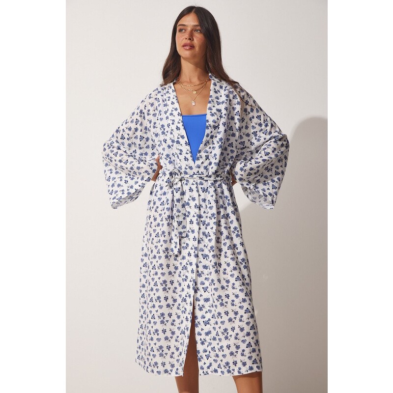 Happiness İstanbul Women's Blue White Floral Long Viscose Kimono