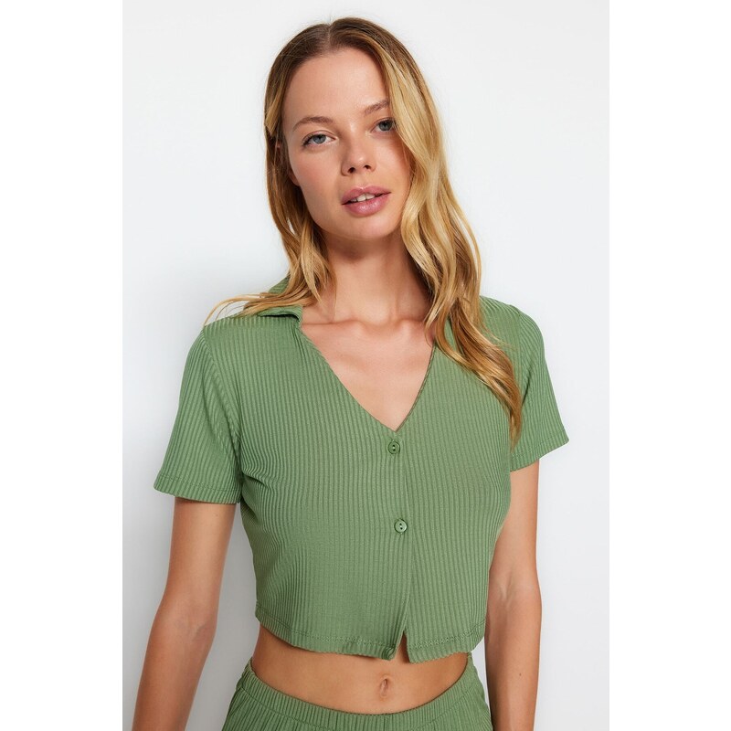 Trendyol Dark Green Ribbed Crop T-shirt-Shorts Knitted Pajamas Set