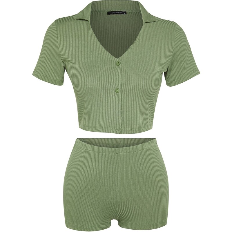 Trendyol Dark Green Ribbed Crop T-shirt-Shorts Knitted Pajamas Set