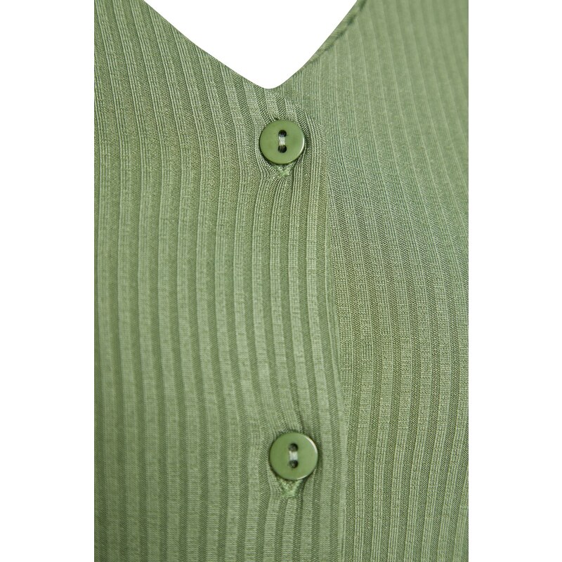 Trendyol Dark Green Ribbed Crop T-shirt-Shorts Knitted Pajamas Set