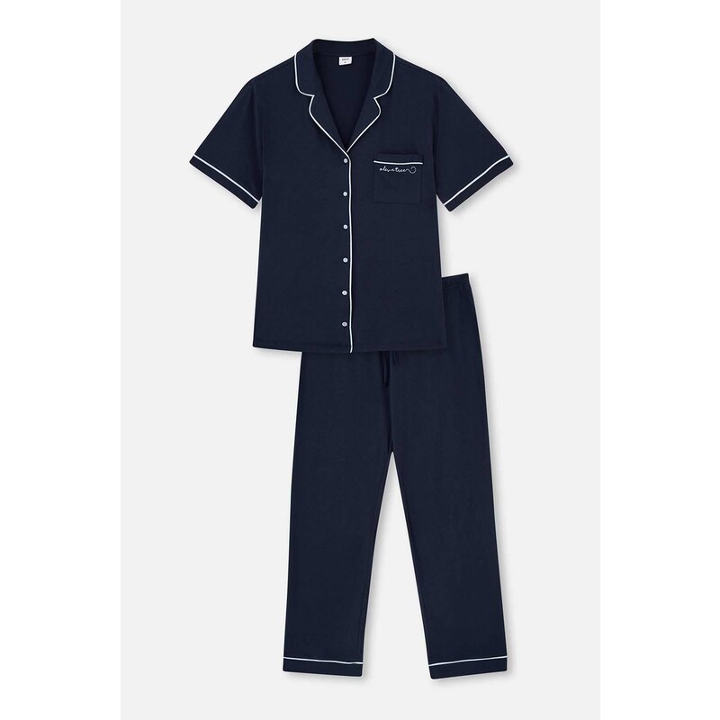 Dagi Navy Blue Shirt Collar Piping Detailed Knitted Pajamas Set