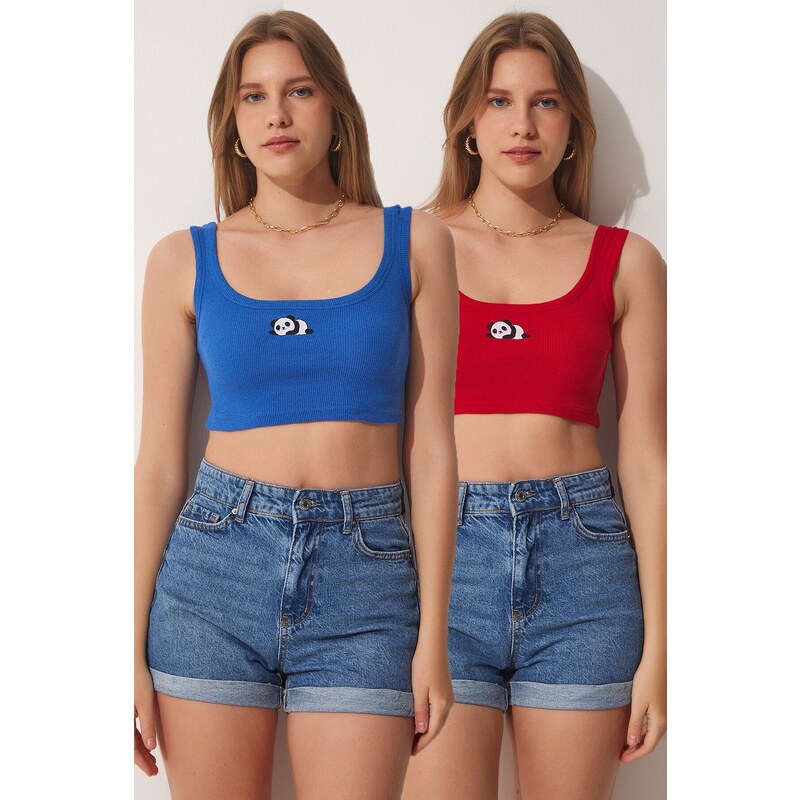 Happiness İstanbul Women's Blue Red 2-pack Panda Embroidery Knitted Crop Blouse