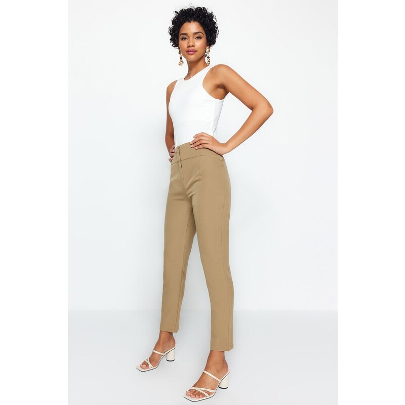 Trendyol hnědé cigaretové skinny tkané kalhoty s prošíváním v pase 107064932