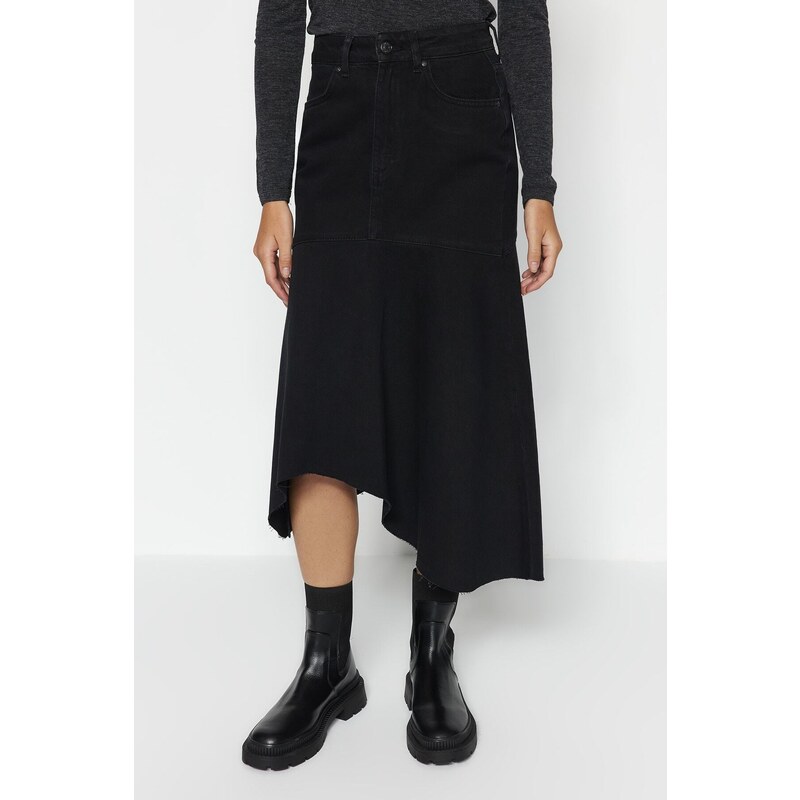 Trendyol Black Asymmetrical High Waist Midi Denim Skirt