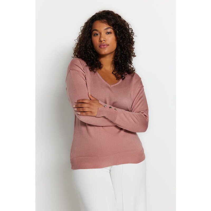 Trendyol Curve Dusty Rose V-Neck Button Detailní pletený svetr