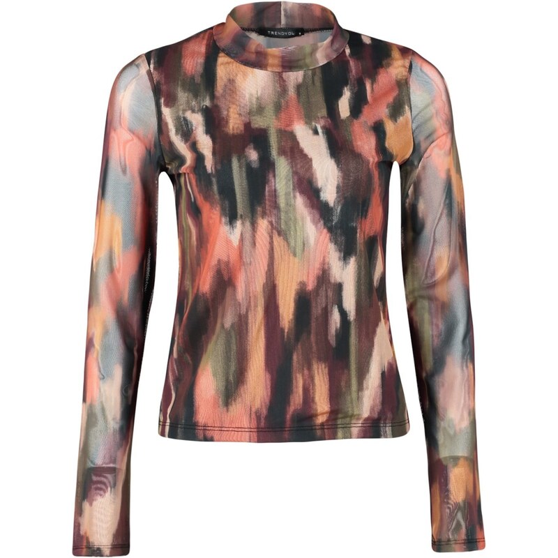 Trendyol Multi Color Printed High Neck and Lined Transparent Back Tulle Flexible Knitted Blouse