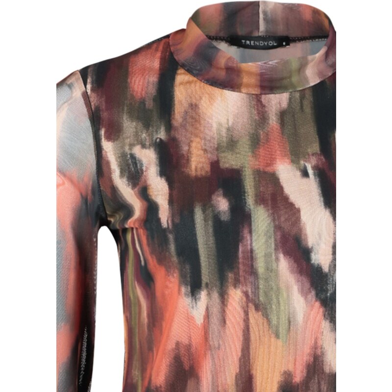 Trendyol Multi Color Printed High Neck and Lined Transparent Back Tulle Flexible Knitted Blouse