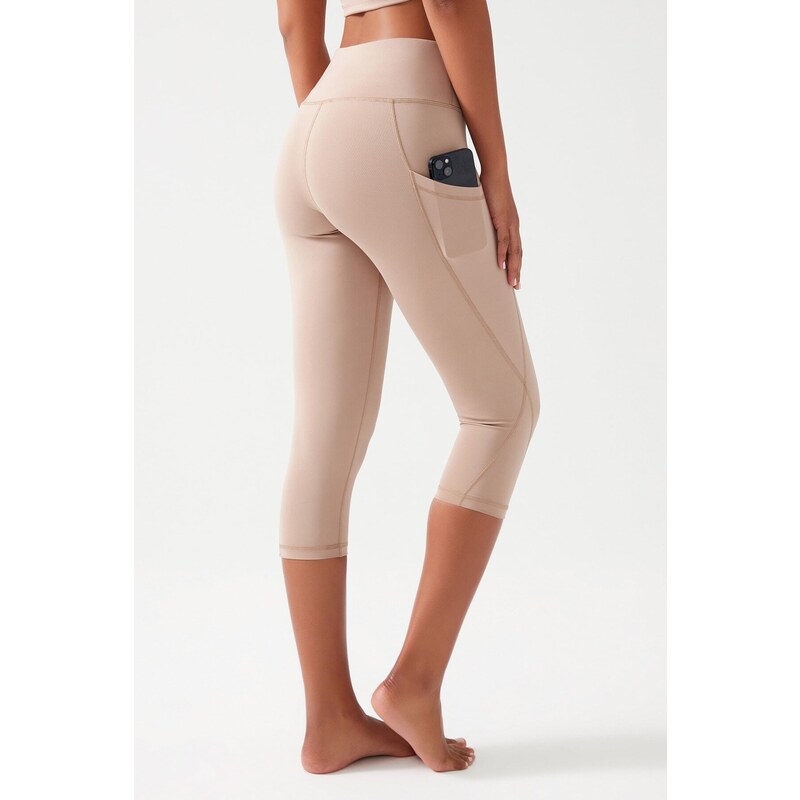 LOS OJOS Women's Beige High Waist Contouring Double Pockets Capri Leggings Capri Capri