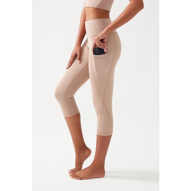 LOS OJOS Women's Beige High Waist Contouring Double Pockets Capri Leggings Capri Capri