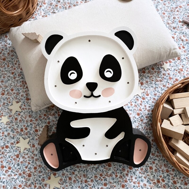 Peekaboo Černobílá dřevěná dětská LED lampa Panda 36 cm