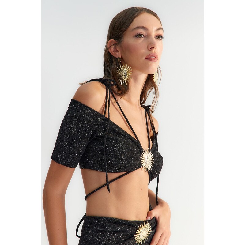 Trendyol X Zeynep Tosun Black Sunglasses Accessory Detailed Glittery Knitted Bustier