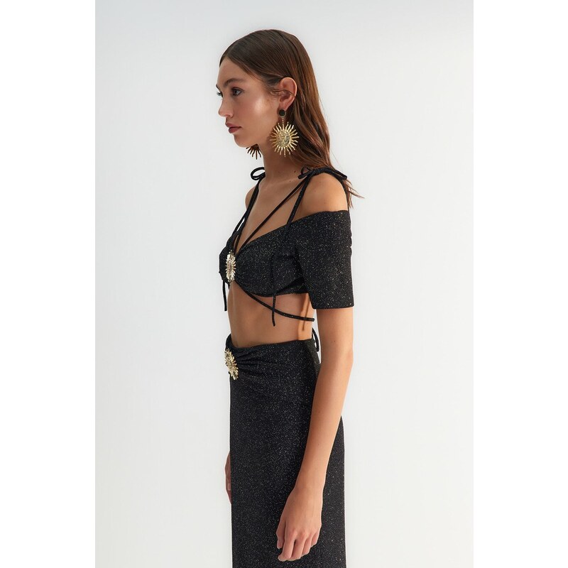 Trendyol X Zeynep Tosun Black Sunglasses Accessory Detailed Glittery Knitted Bustier