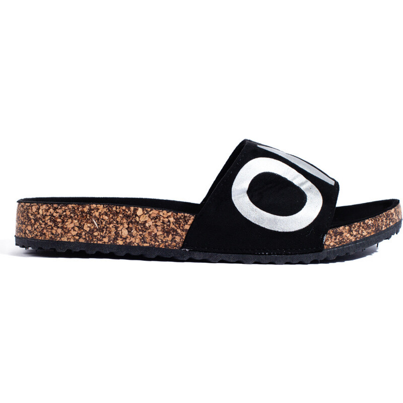 Black flip-flops with silver inscription on Shelvt cork