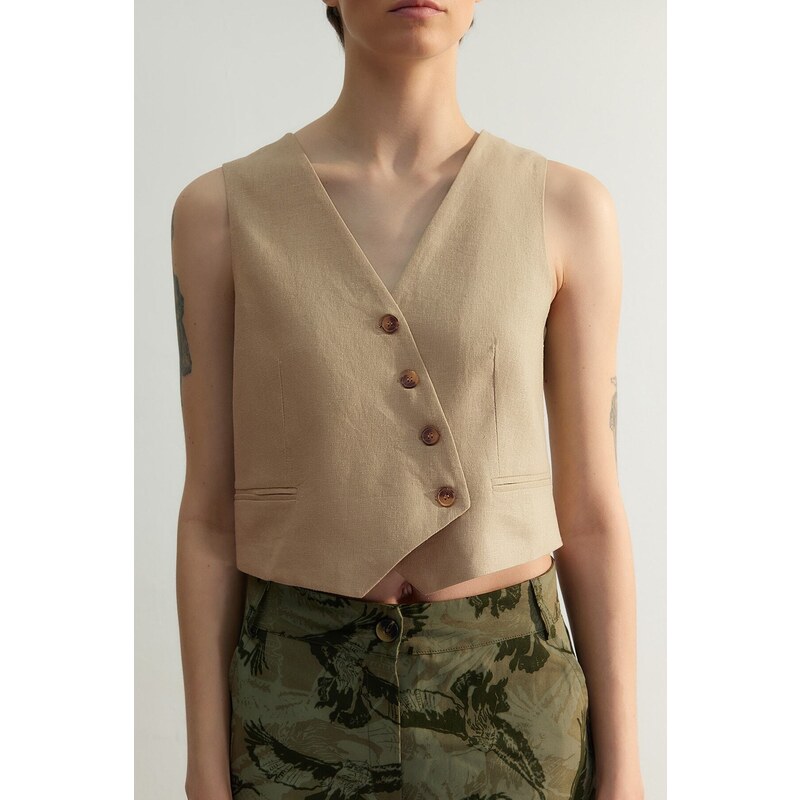 Trendyol Beige Fitted Button Detailní Crop Woven Linen Look Vesta