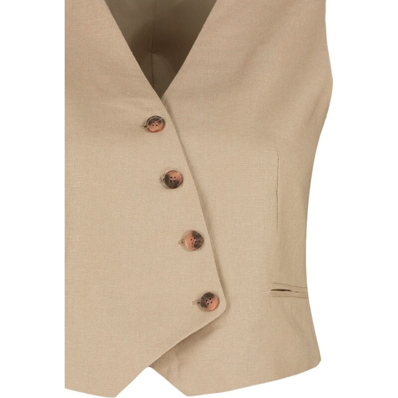 Trendyol Beige Fitted Button Detailní Crop Woven Linen Look Vesta