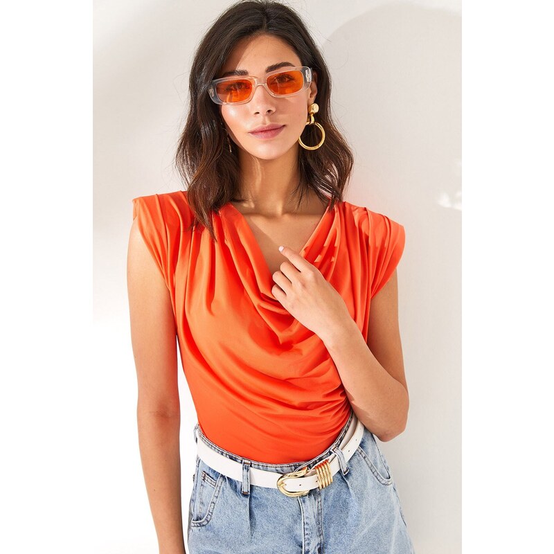 Olalook Women's Orange Padded Plunging Collar Flowy Blouse