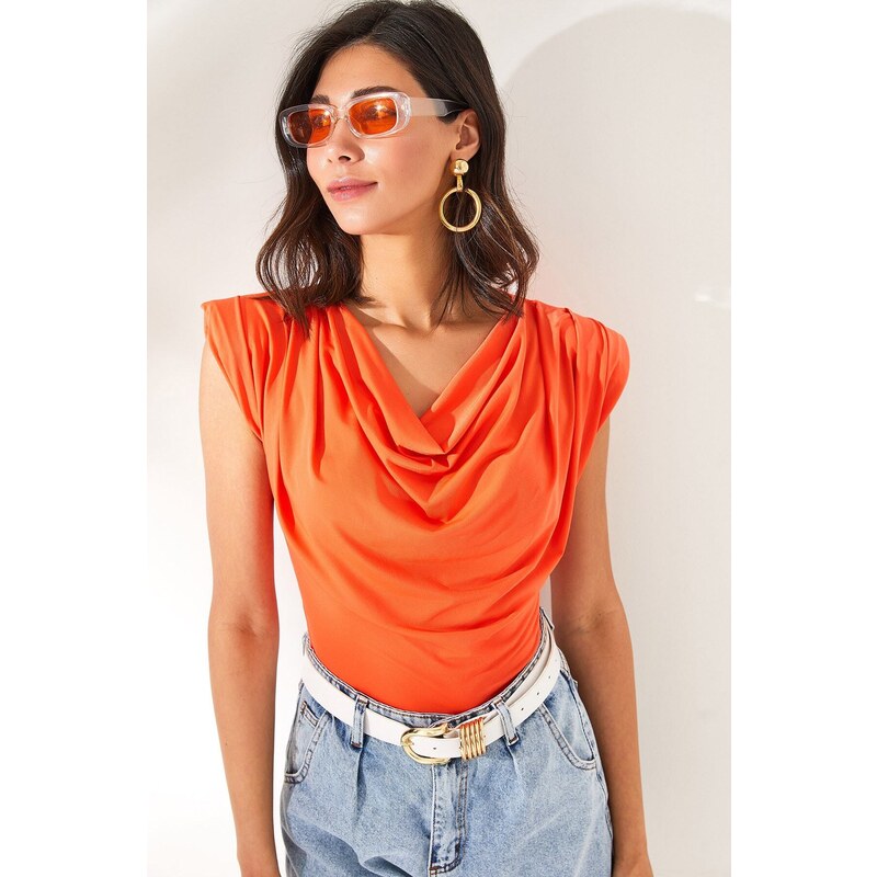 Olalook Women's Orange Padded Plunging Collar Flowy Blouse