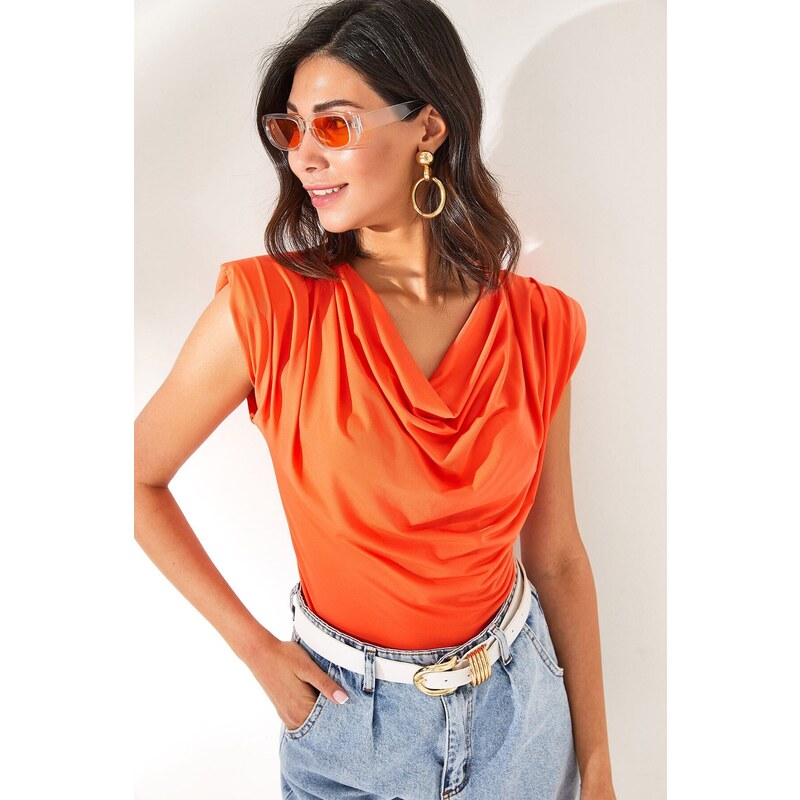 Olalook Women's Orange Padded Plunging Collar Flowy Blouse