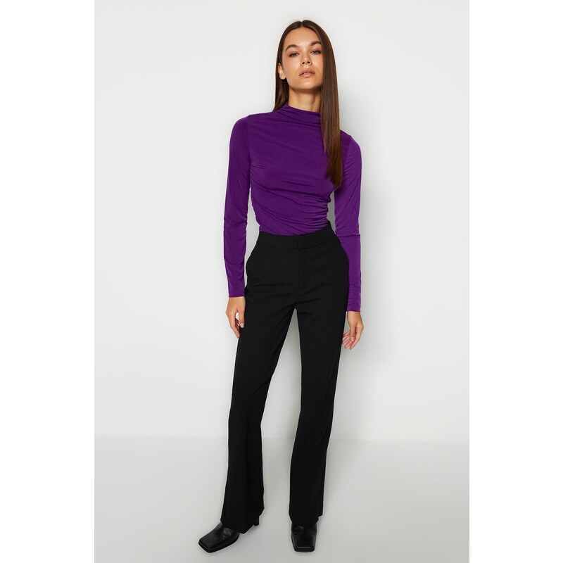 Trendyol Purple Shirring Detail Stand Collar Fitted/Long Sleeves, Fitted Knitted Stretch Blouse