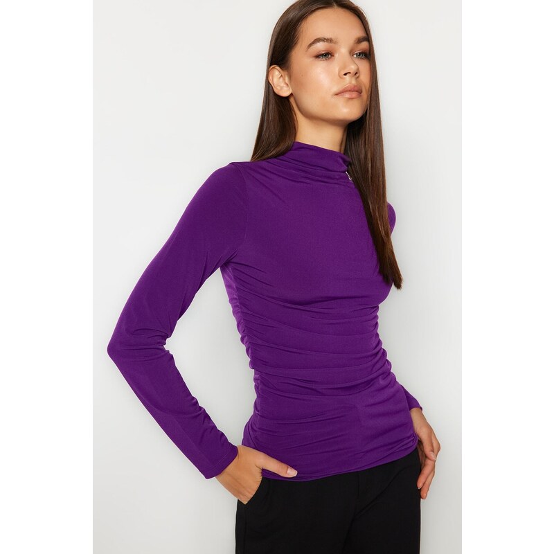 Trendyol Purple Shirring Detail Stand Collar Fitted/Long Sleeves, Fitted Knitted Stretch Blouse