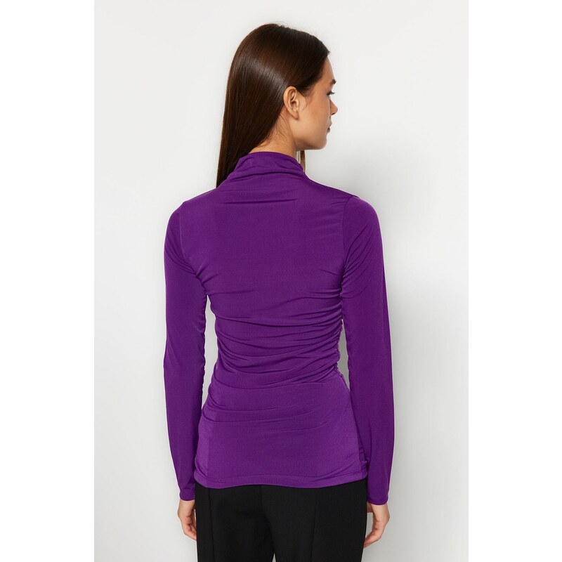 Trendyol Purple Shirring Detail Stand Collar Fitted/Long Sleeves, Fitted Knitted Stretch Blouse