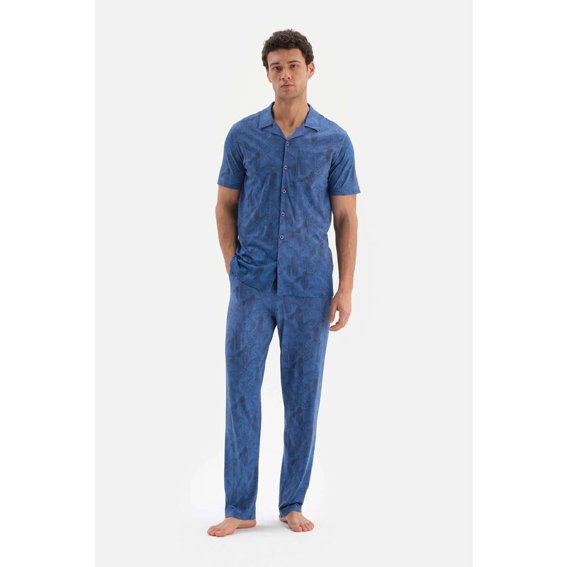 Dagi Blue Shirt Collar Printed Size Cotton Modal Pajamas Set