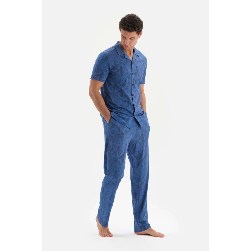 Dagi Blue Shirt Collar Printed Size Cotton Modal Pajamas Set