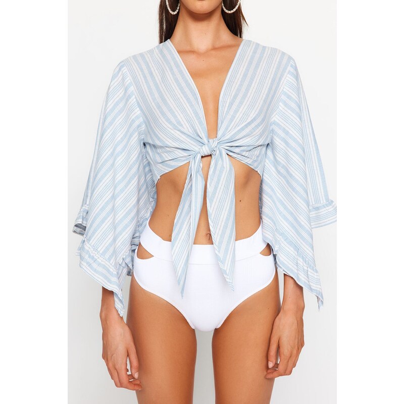 Trendyol Blue Striped Crop Woven Tie Blouse