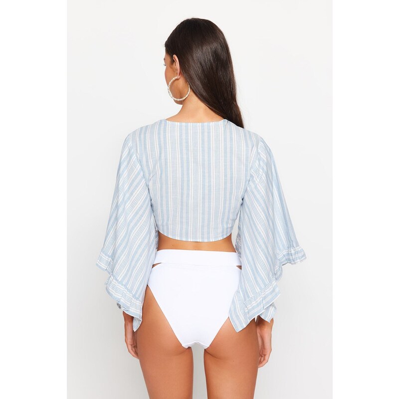 Trendyol Blue Striped Crop Woven Tie Blouse