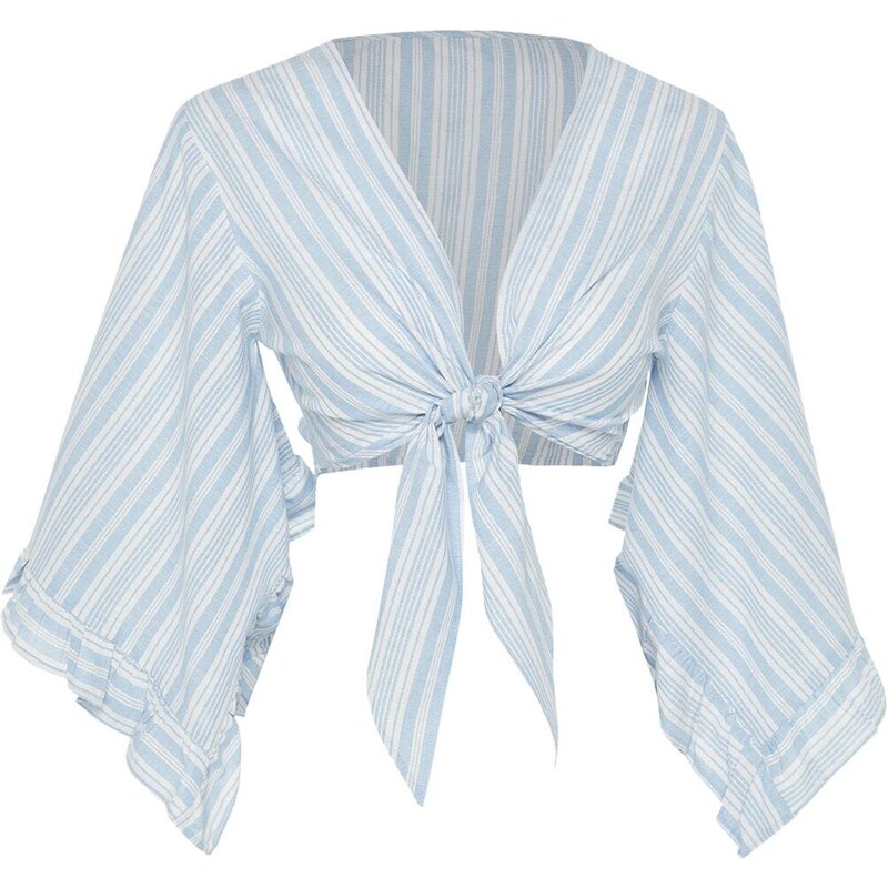 Trendyol Blue Striped Crop Woven Tie Blouse