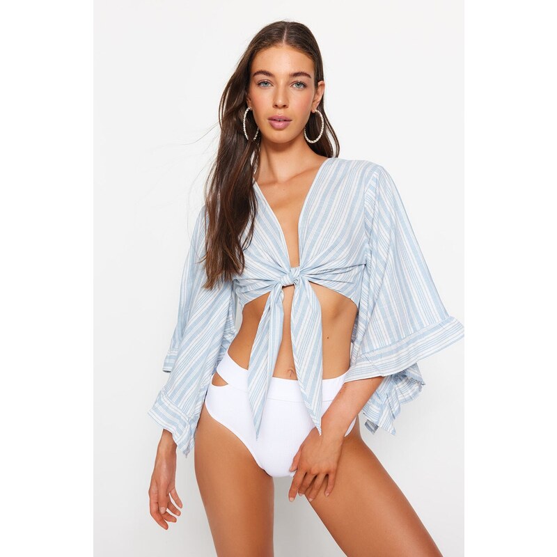 Trendyol Blue Striped Crop Woven Tie Blouse