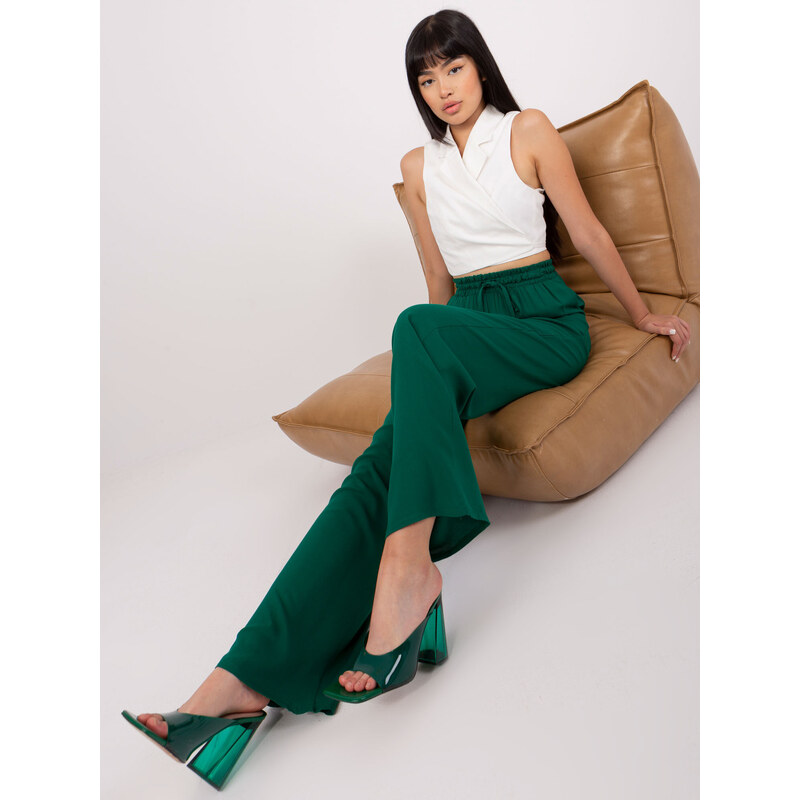 Fashionhunters Tmavě zelené látkové palazzo kalhoty