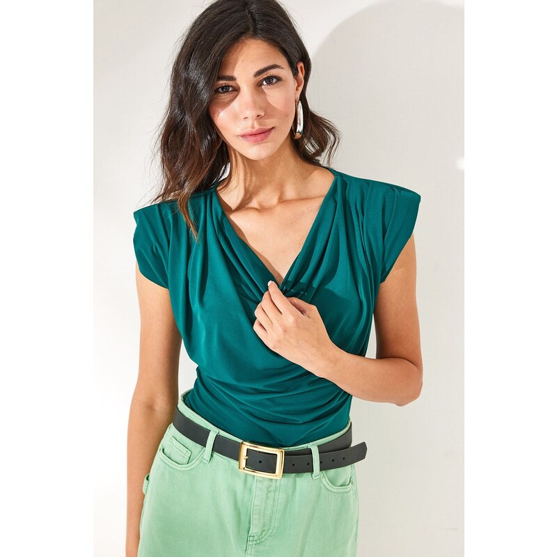 Olalook Women's Emerald Green Padded Plunging Collar Flowy Blouse