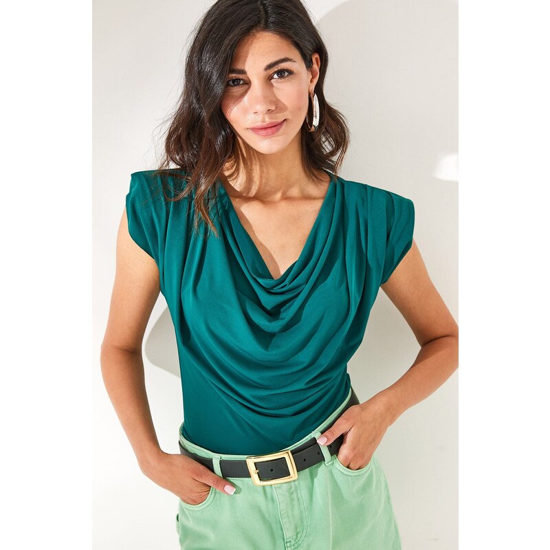 Olalook Women's Emerald Green Padded Plunging Collar Flowy Blouse