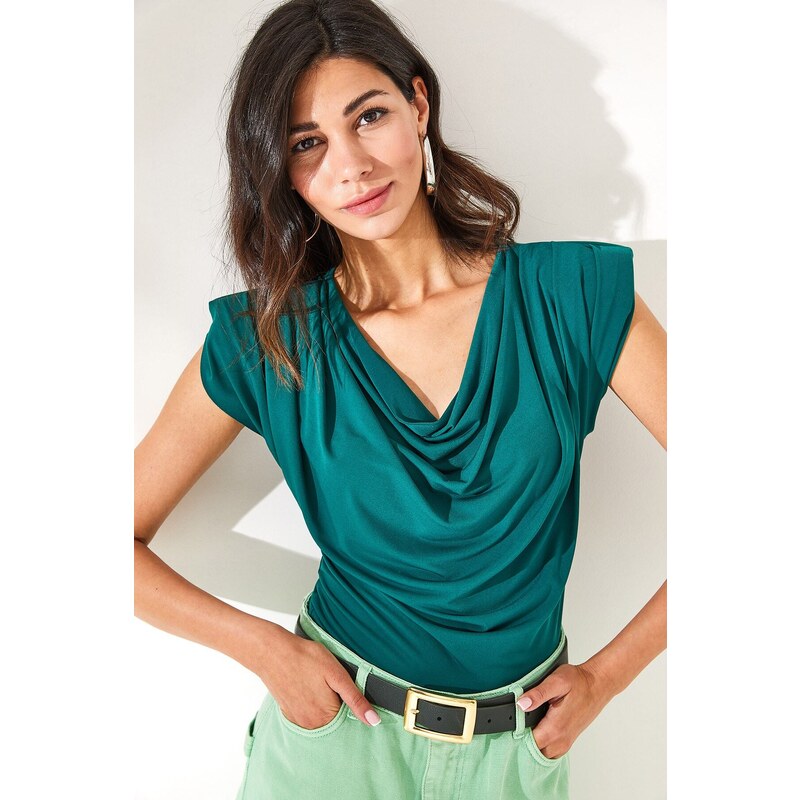 Olalook Women's Emerald Green Padded Plunging Collar Flowy Blouse